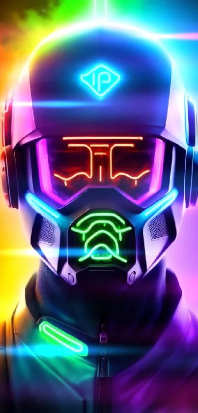 Futuristic neon robot with vibrant colors on a digital wallpaper.