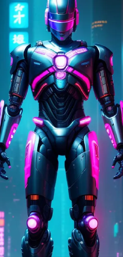 Futuristic neon robot in cyberpunk city wallpaper.