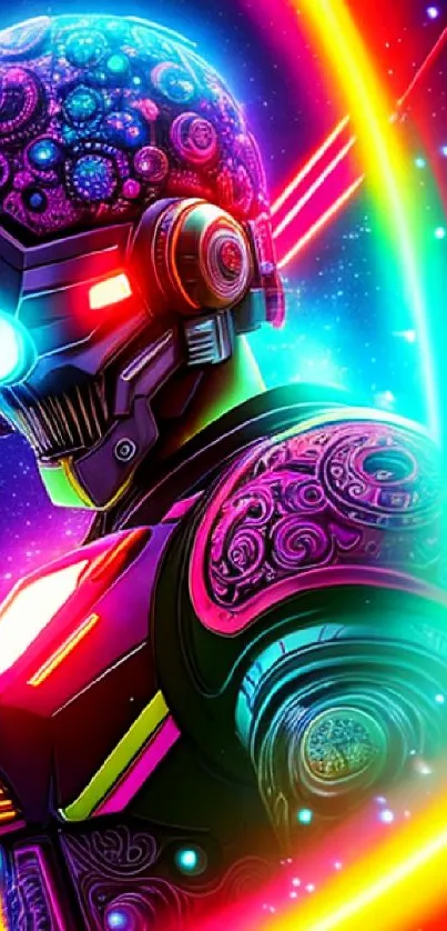 A vibrant neon robotic figure with cosmic elements in the background.