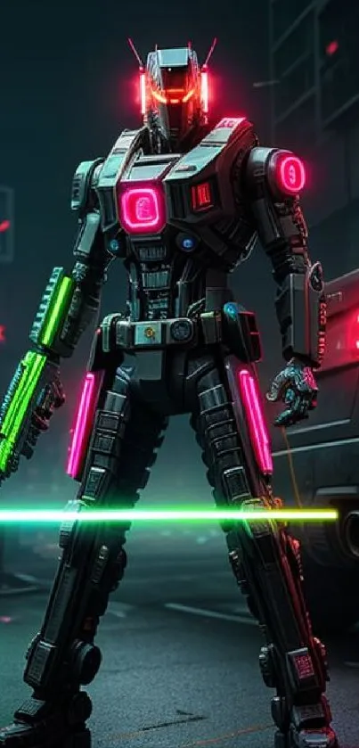 Neon-lit robot in cyberpunk cityscape wallpaper.