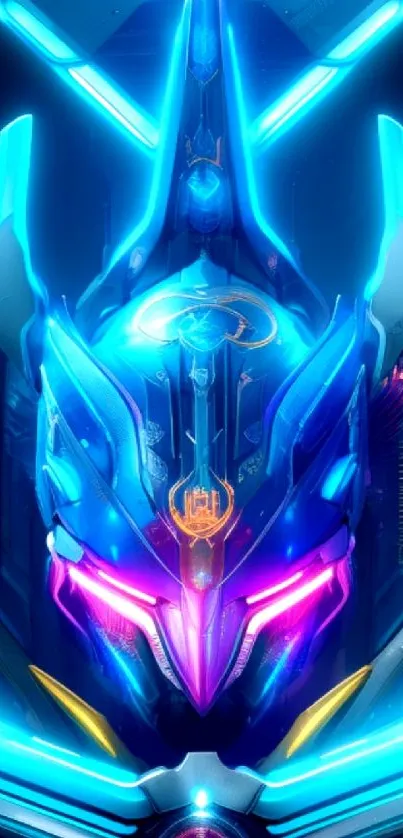 Futuristic robot with neon colors on a digital wallpaper.