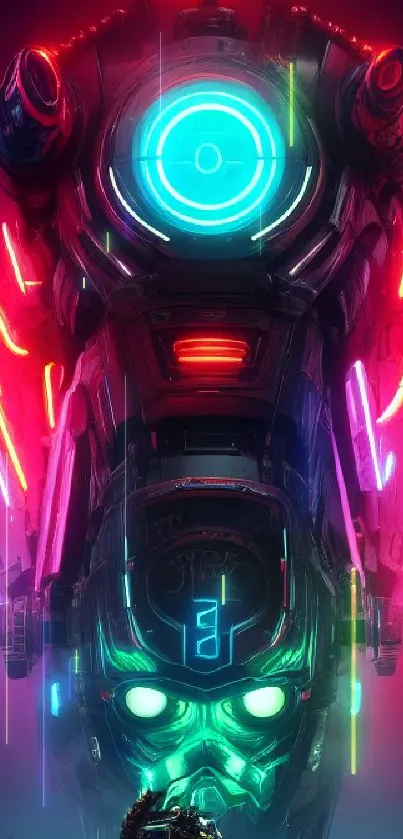 Neon-lit futuristic robot with cityscape in vibrant colors for mobile wallpaper.