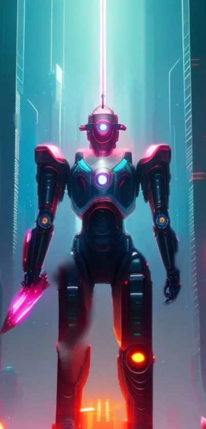 Futuristic neon-lit robot in urban setting with vibrant glow.