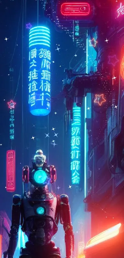 Futuristic cyberpunk cityscape with neon lights and a towering robot.