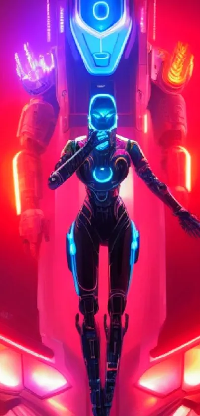 Futuristic neon robot with vibrant red and blue lights.