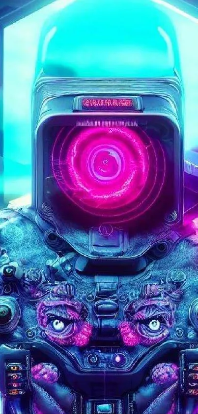 Neon-themed futuristic robot mobile wallpaper with vibrant pink and blue hues.