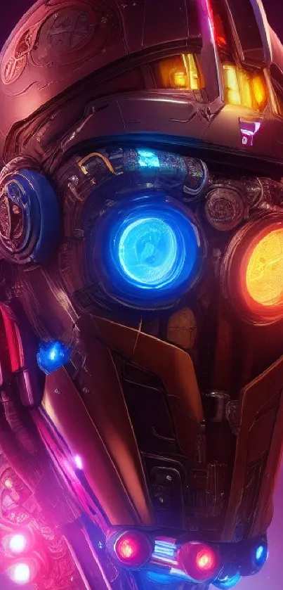 Futuristic robot with neon lights on purple background.