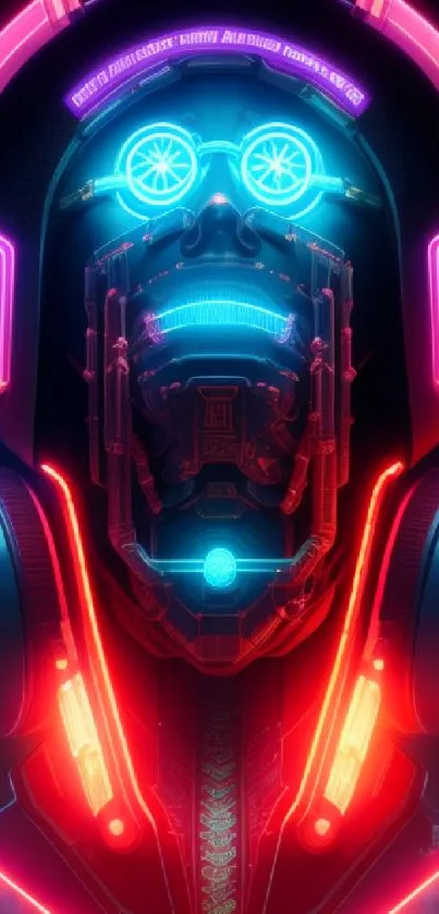 Futuristic neon robot with headphones glowing in vibrant colors.