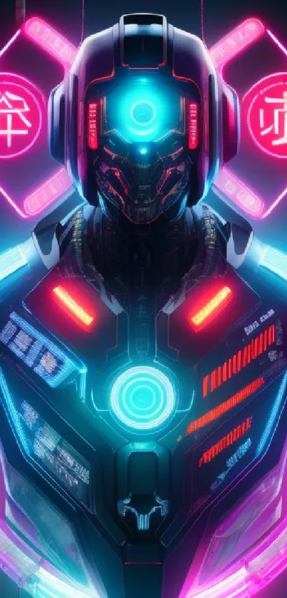 Futuristic neon robot wallpaper with glowing accents and cybernetic design.