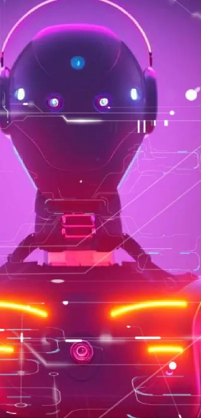 Futuristic robot glowing with neon lights against a magenta background.