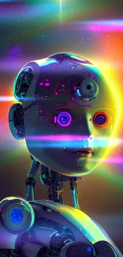 Futuristic robot with neon glow and colorful background.