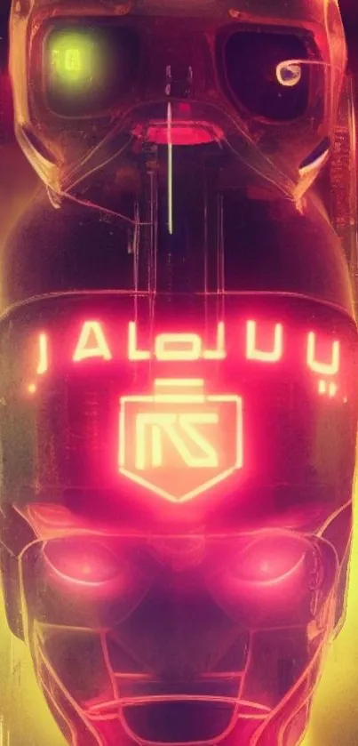 Neon-lit robot helmet in cyberpunk style.