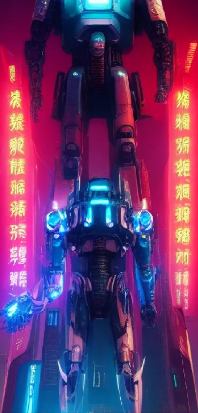 Neon-lit robotic figure dominates futuristic cityscape background.