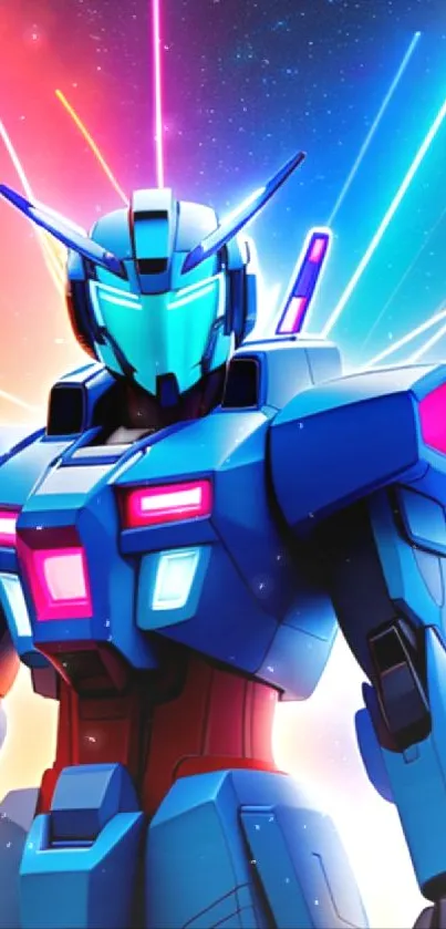 Futuristic neon robot with glowing lasers and colorful background.