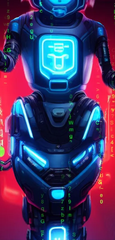 Futuristic neon-lit robot on a red background.