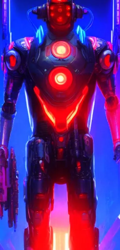 Futuristic neon-lit robot standing in vibrant colors.