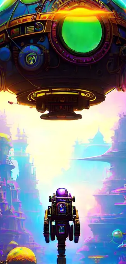 Futuristic neon robot world with floating spheres and vibrant colors.