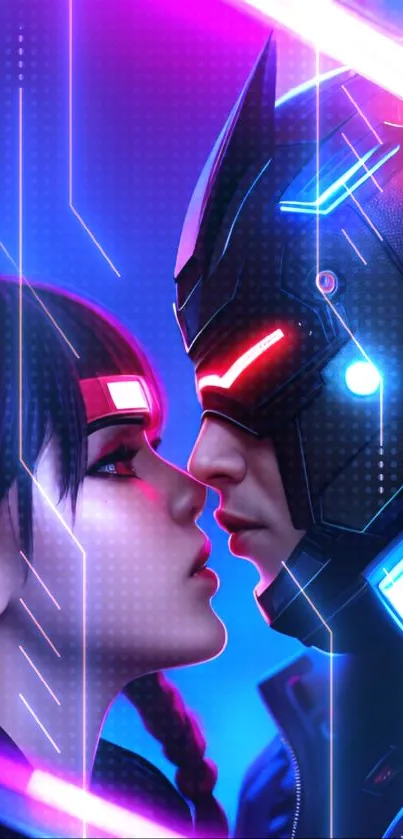 Futuristic neon romance between a woman and cyborg on mobile wallpaper.