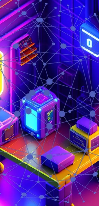 Futuristic neon-themed room with vibrant colors.