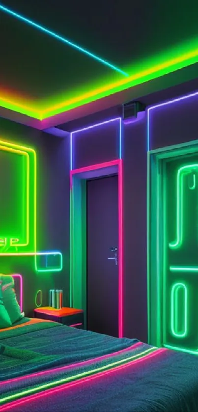 Vibrant neon room with colorful glowing lines and modern design.