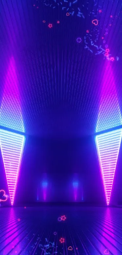 Futuristic room with blue and pink neon lights.