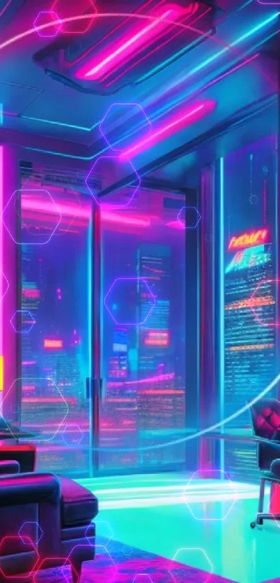 Futuristic neon-lit room with city view and modern furniture.