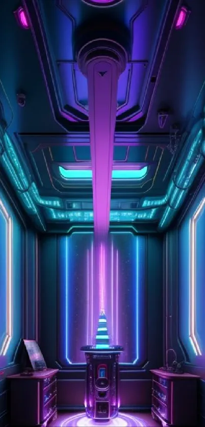 Futuristic neon room wallpaper with purple and blue glow.