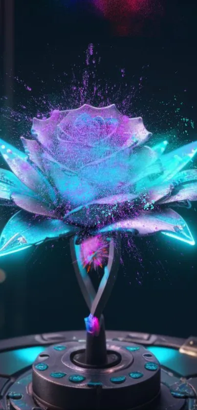 Futuristic neon rose with vibrant colors on a dark background.