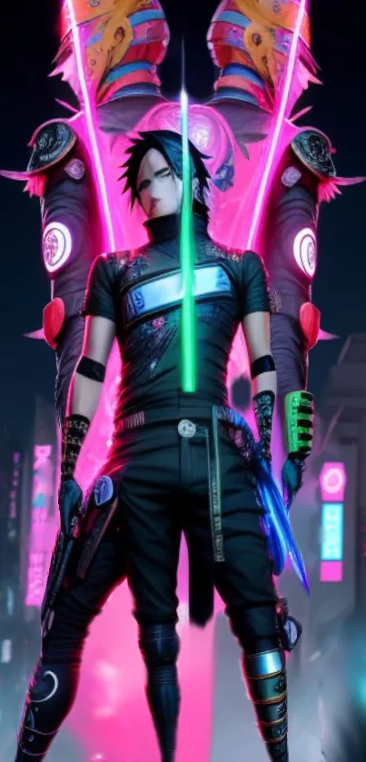 Futuristic neon samurai with glowing swords in a cyberpunk cityscape.