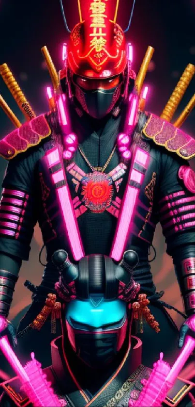 Futuristic neon samurai with glowing armor design.