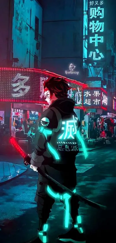 Neon-lit city with futuristic samurai in the foreground.