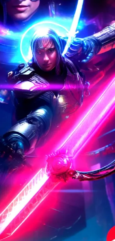 Futuristic samurai with neon swords and vibrant glowing effects.