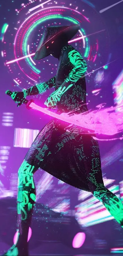 Futuristic neon samurai in vibrant colors with cyberpunk elements.