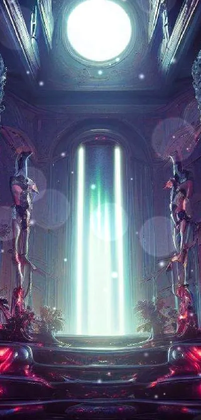 Futuristic sanctuary with neon lights and statues, creating a dynamic visual space.