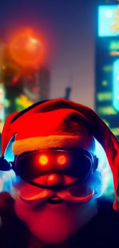 Futuristic neon Santa Claus in cityscape.