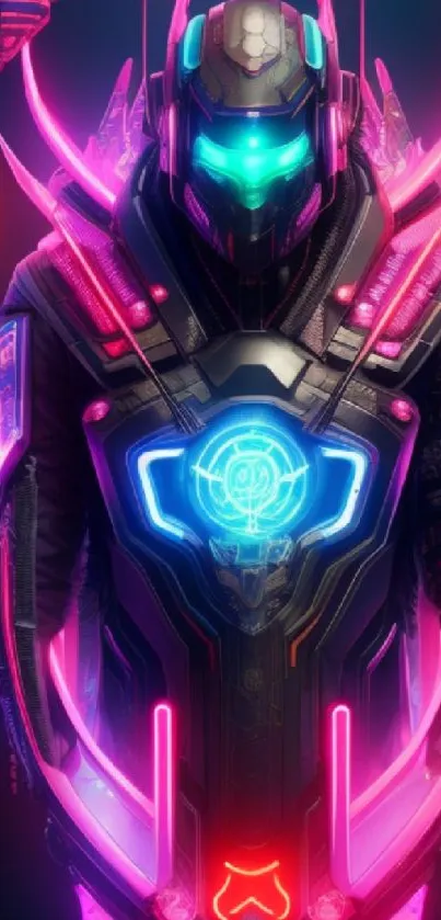 Futuristic neon armor with glowing lights on a dark background.