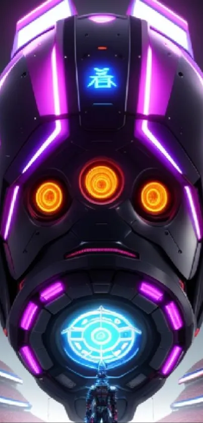 Neon-lit futuristic cyborg face with sci-fi elements on a digital wallpaper.