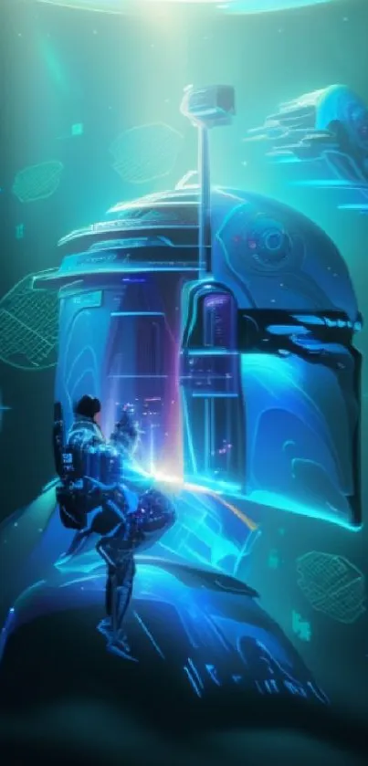 Futuristic sci-fi wallpaper with cyborg and neon blue hologram.