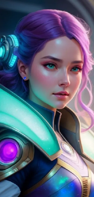 Futuristic neon character with purple hair in a cosmic setting.