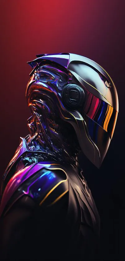 Futuristic sci-fi helmet with neon lights and purple hues.