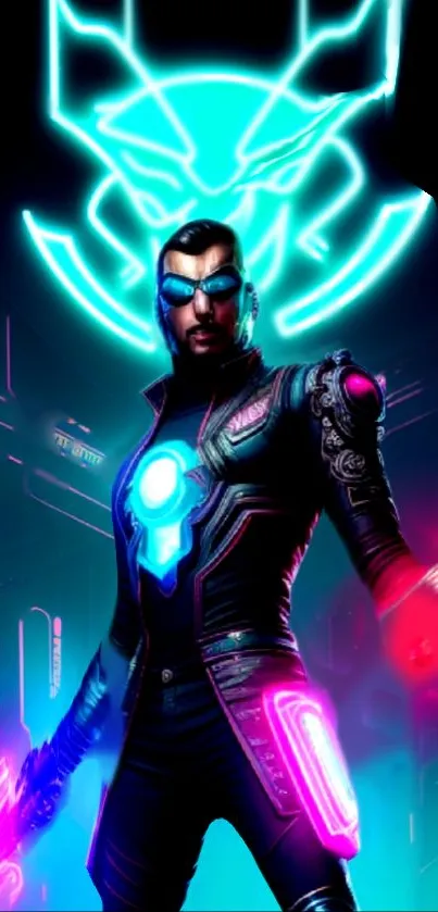 Futuristic neon-lit sci-fi hero in cyberpunk armor on mobile wallpaper.