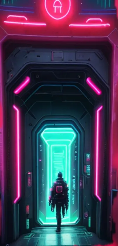 Neon-lit sci-fi portal with explorer in vibrant futuristic hallway.