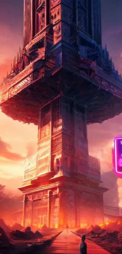 Futuristic tower with neon accents under a vibrant orange sky.