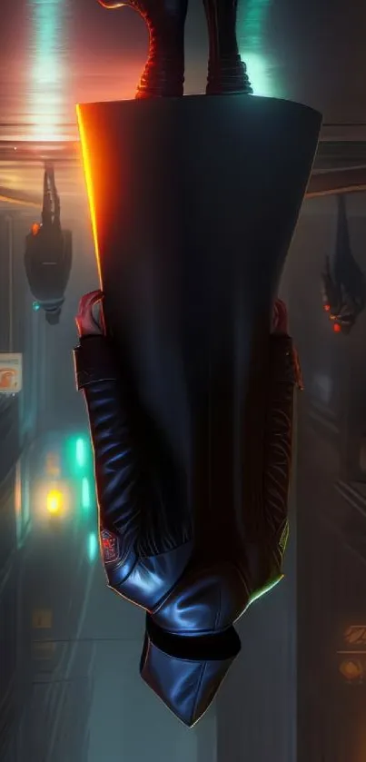 Futuristic neon cityscape with lone figure and vibrant lights.