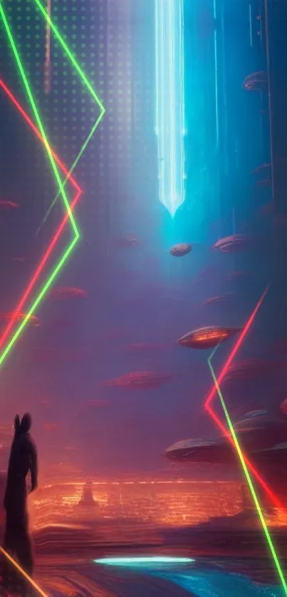 Futuristic sci-fi wallpaper with neon lights and space elements.