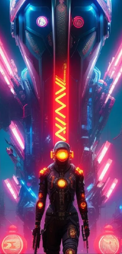 Futuristic sci-fi wallpaper with neon city lights and a lone figure.