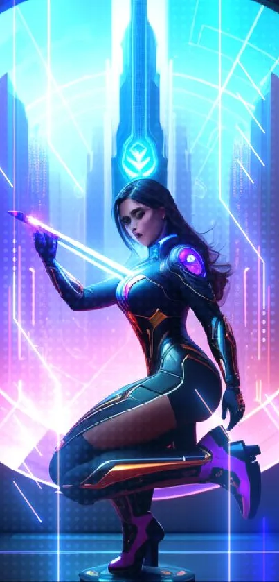 Futuristic neon sci-fi cityscape with a heroine.