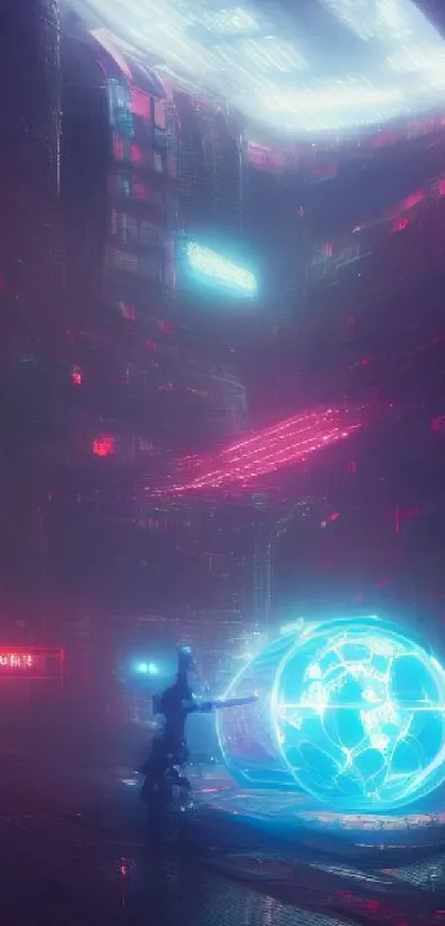 Futuristic neon blue globe in cyberpunk scene.