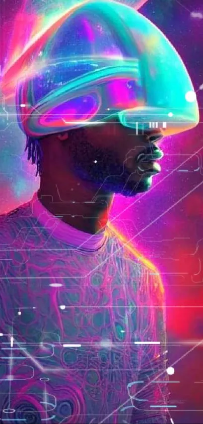 Futuristic neon art depicting a vibrant sci-fi theme with a virtual reality concept.