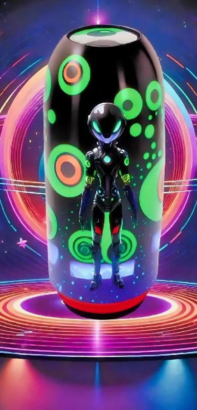 Futuristic neon sci-fi wallpaper with a cybernetic figure and colorful circles.